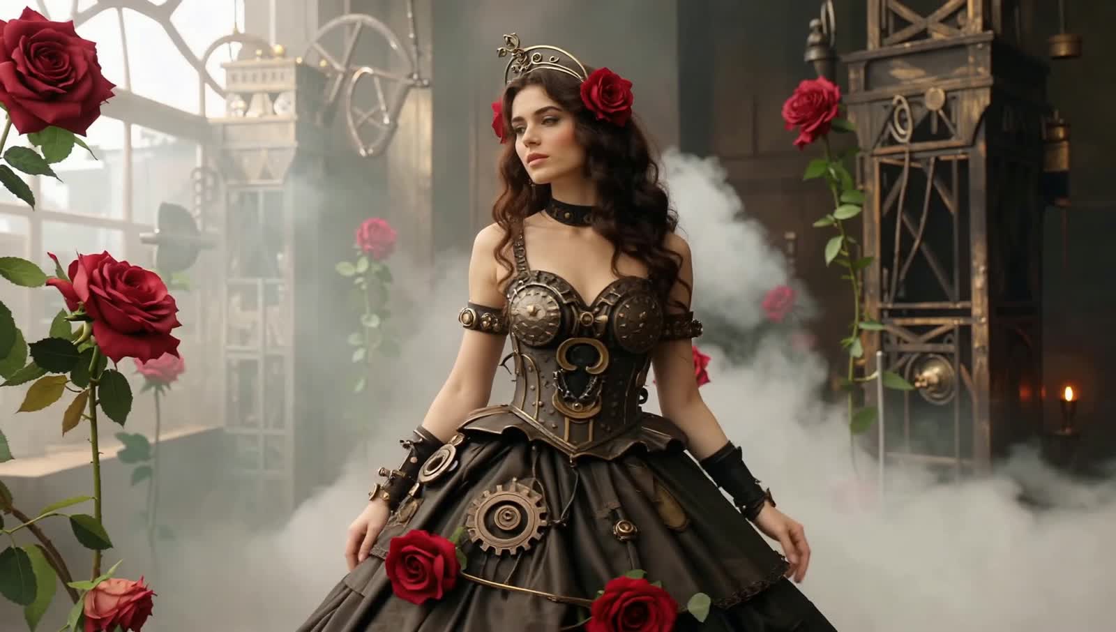 Grunge dreamscape with roses, steam punk woman images created then placed in Canva collage template. (Inspired by Lex Mu...