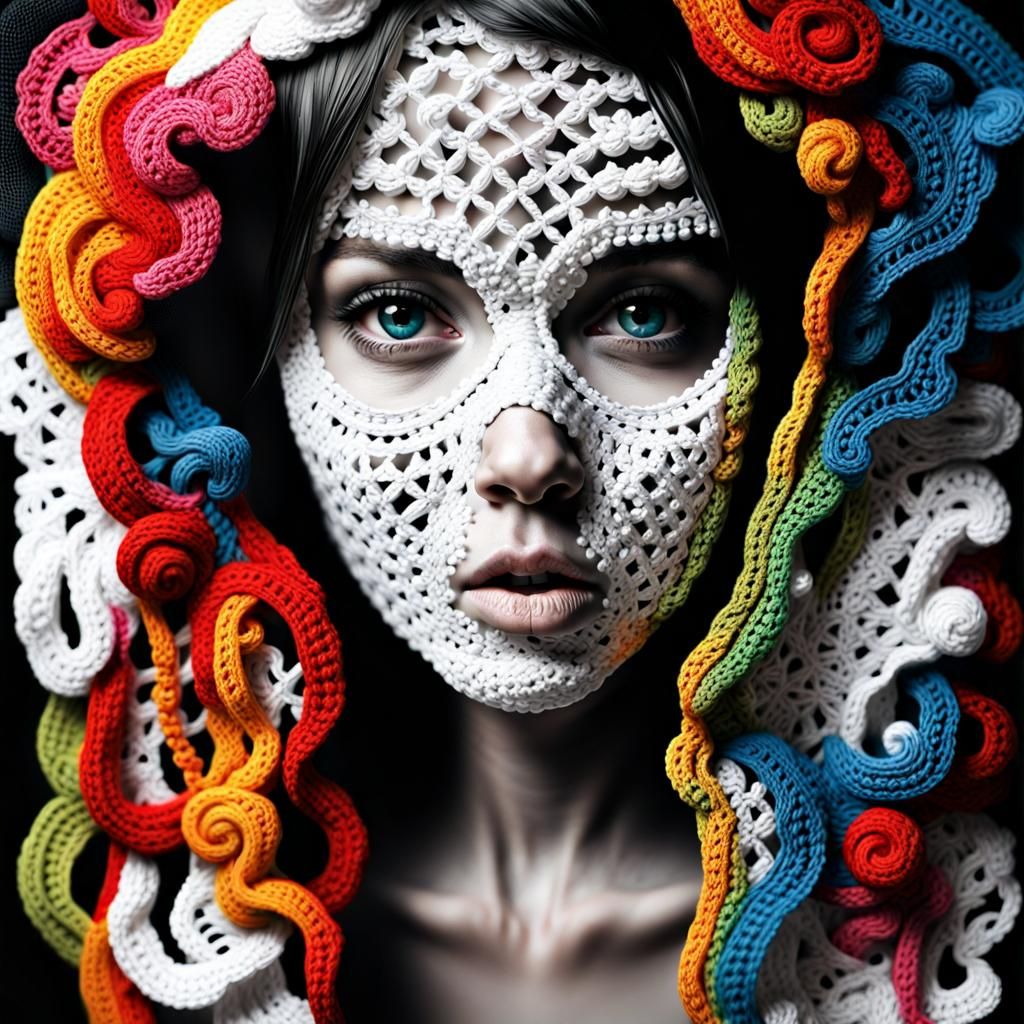 White Crochet Face of Beautiful Girl on Black Background