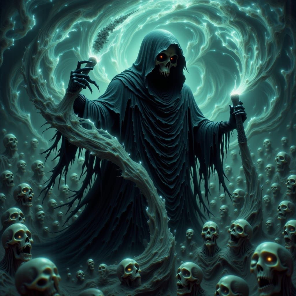 <lora:Reaper flux:1.0> A Grim reaper closing a vortex made of souls