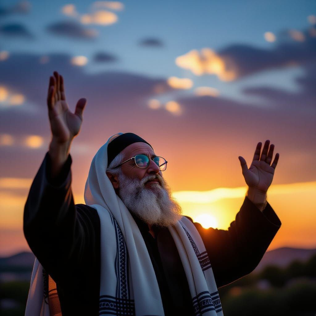 Man in Tallit and Tefillin Prays at Sunrise