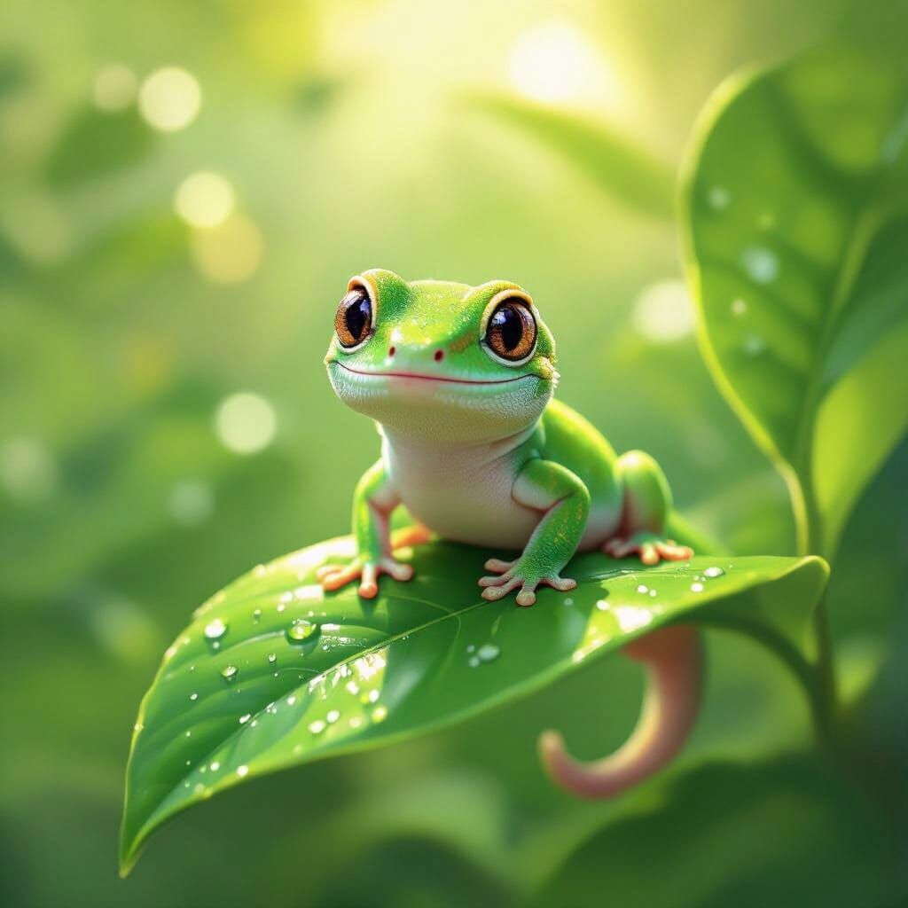 Adorable Emerald Gecko on Leaf in Children's Book Style