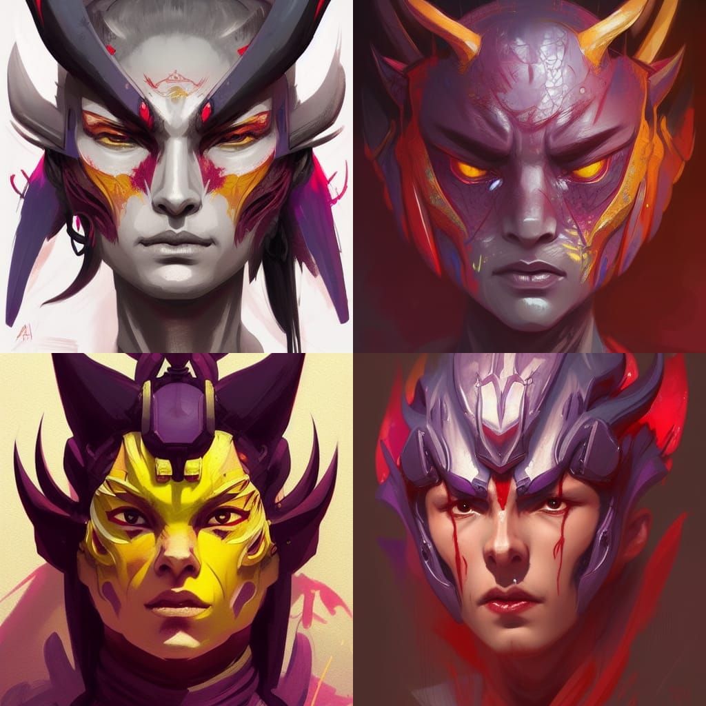 Samurai Purple red grey creature with yellow eyes demon cute