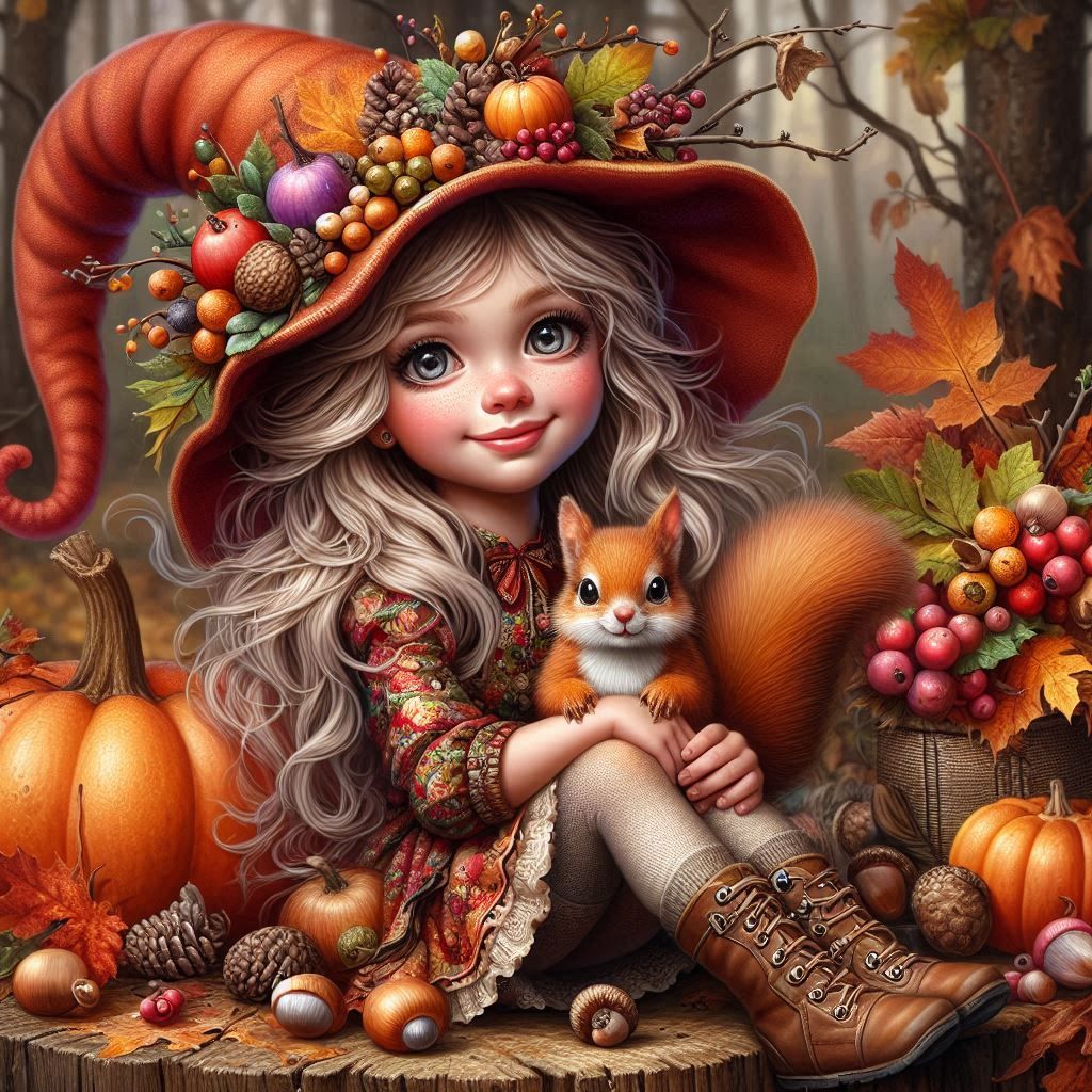Little Gnome with her cute Squirrel in an autumnal forest (1...