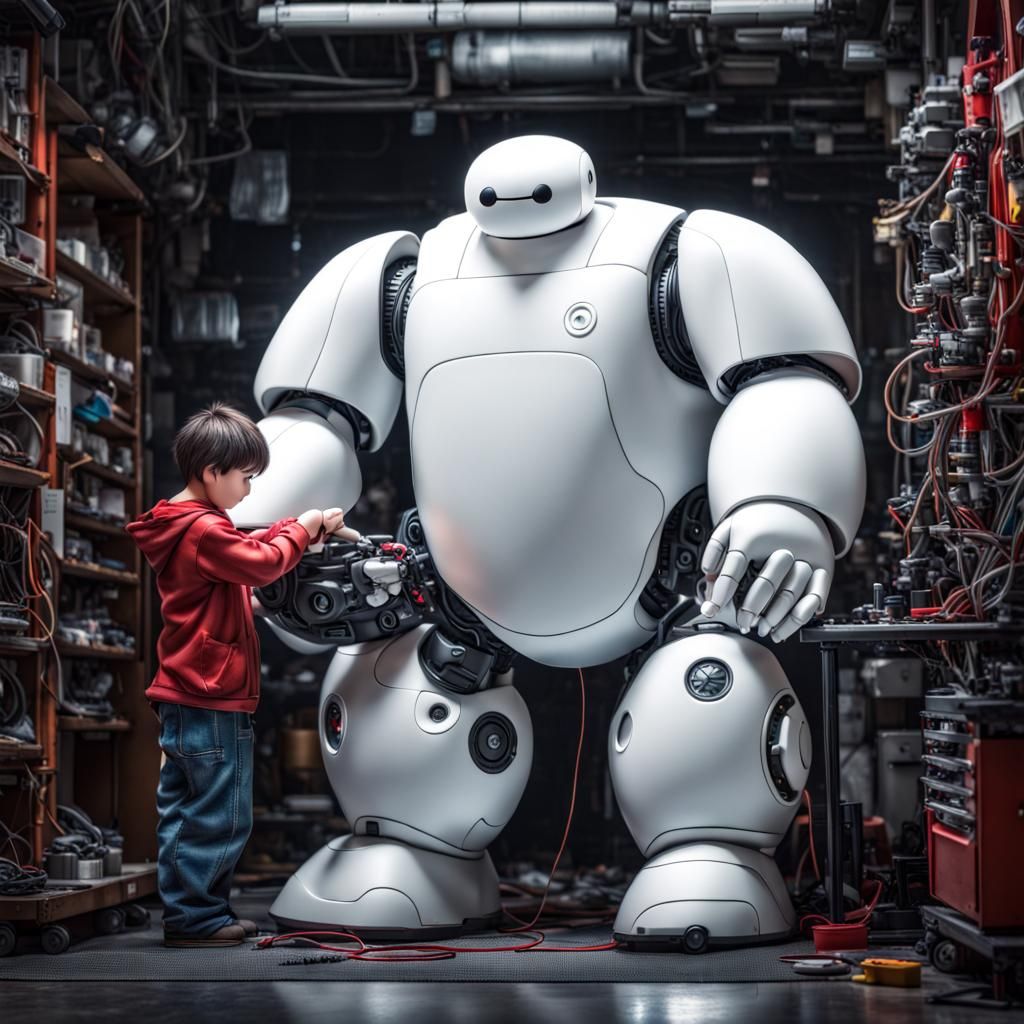 Baymax fixing a robot intricate details, HDR, beautifully shot, hyperrealistic, sharp focus, 64 megapixels, ...  by @Oom Lilo