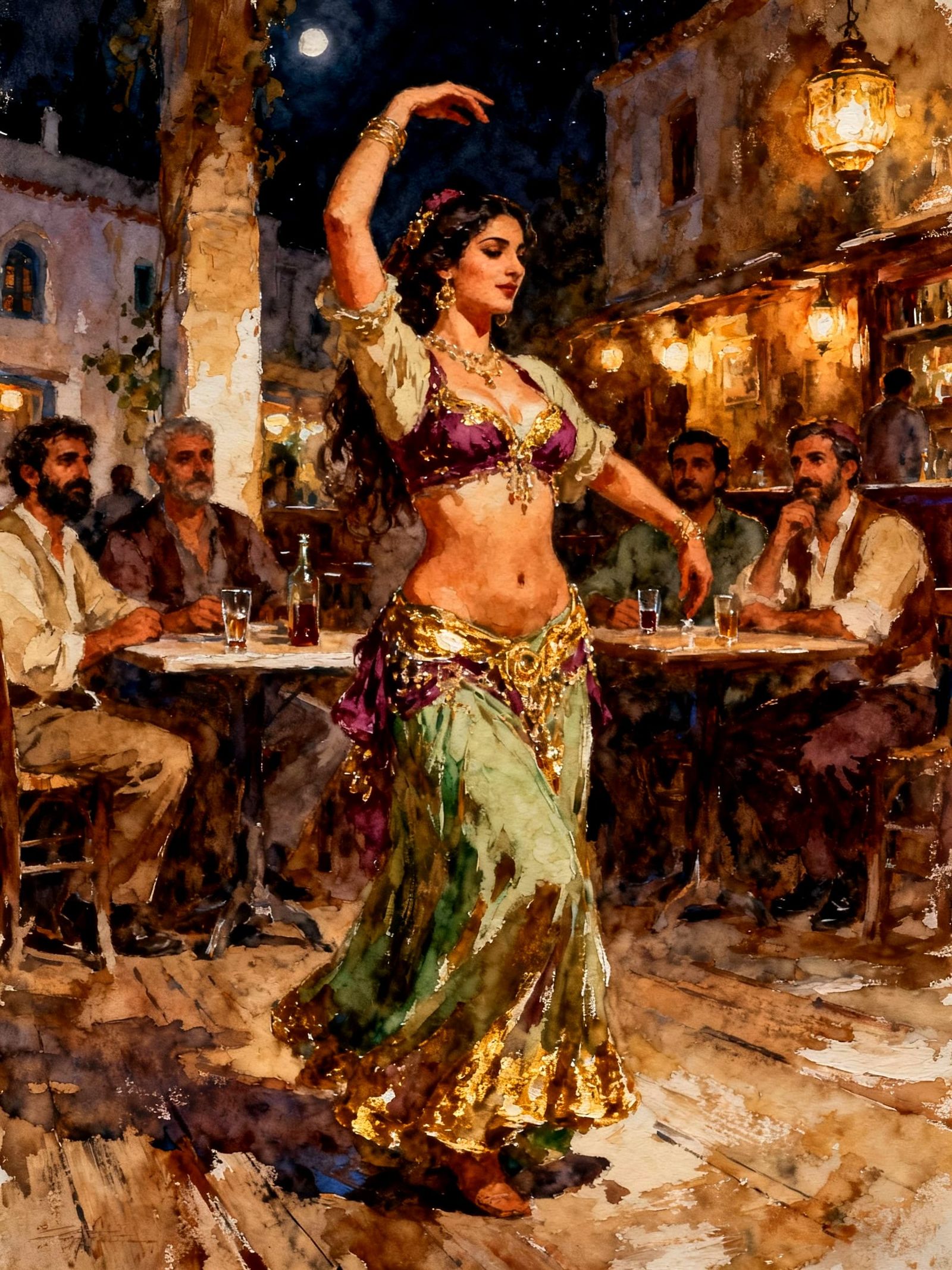 watercolor beautiful Greek womans bellydancer in a tavern at night. Mens siting at tables, watch and drinks. Shades of brown, beige, sage, g...