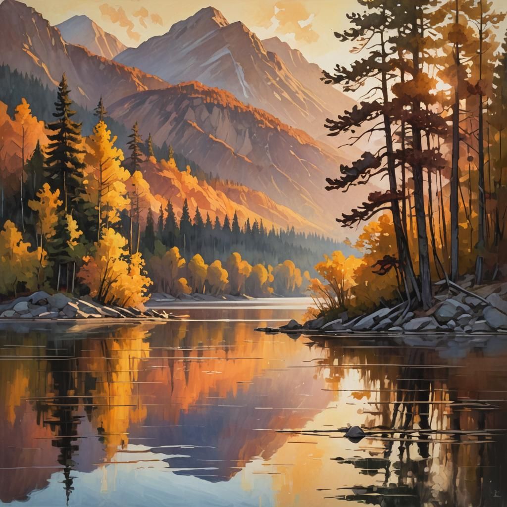 Orange mountains,  lake, trees.  impressionistic   by @Tilted25
