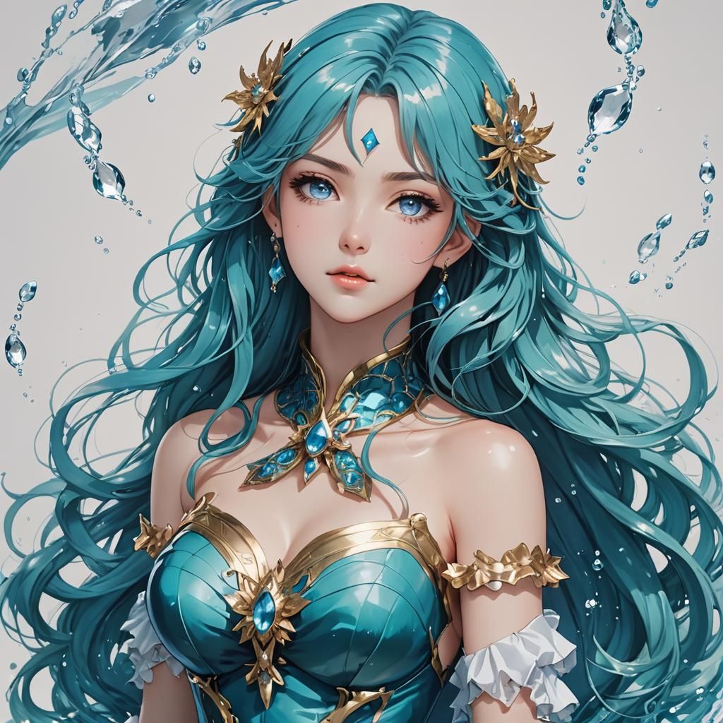 Desenhe uma personagem de anime feminina com poderes de água. Ela deve ter  cabelo longo e ondulado de cor azul turquesa, olhos azuis brilhan... - AI  Generated Artwork - NightCafe Creator