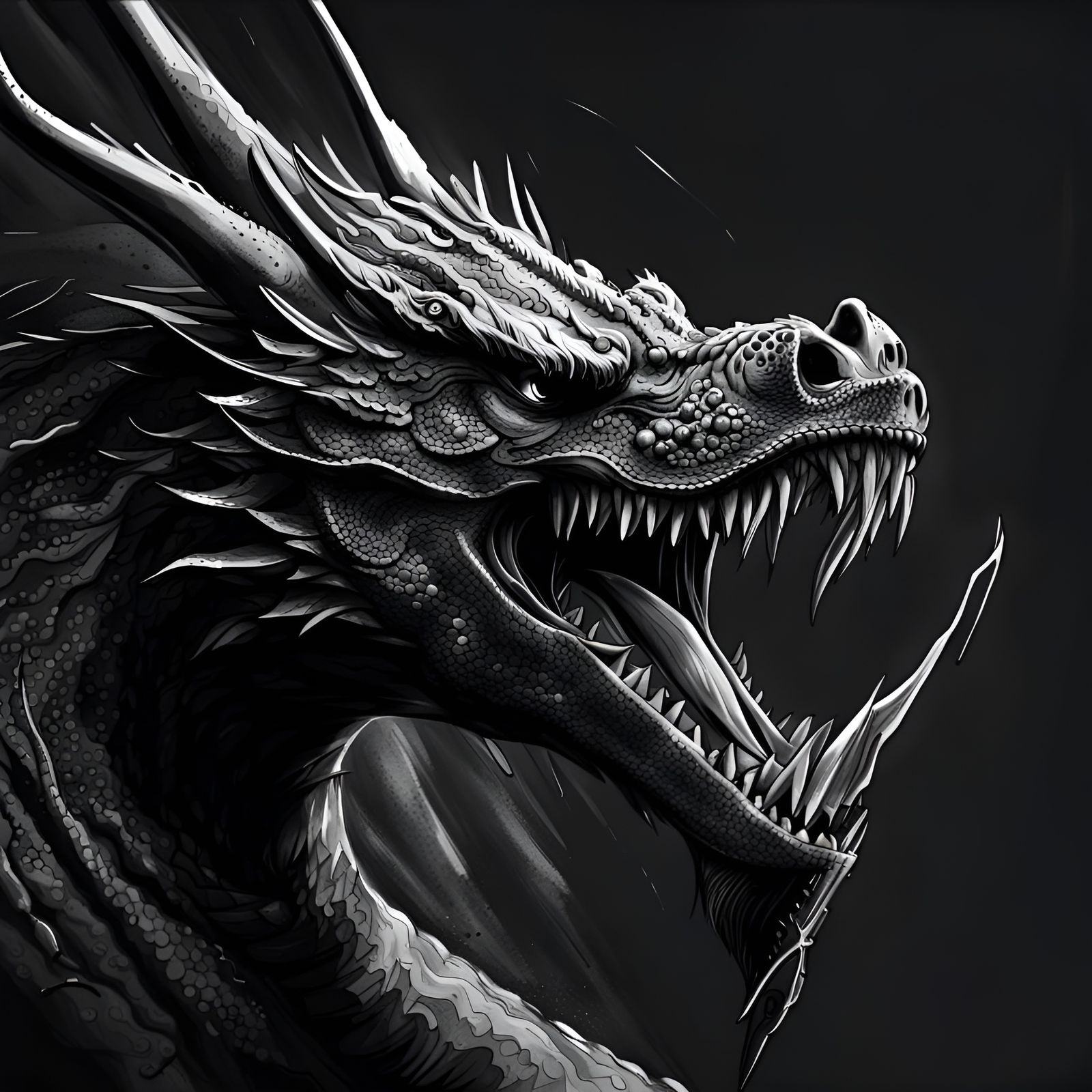 black and white sketch of a dragon with his mouth open ready to bite ...