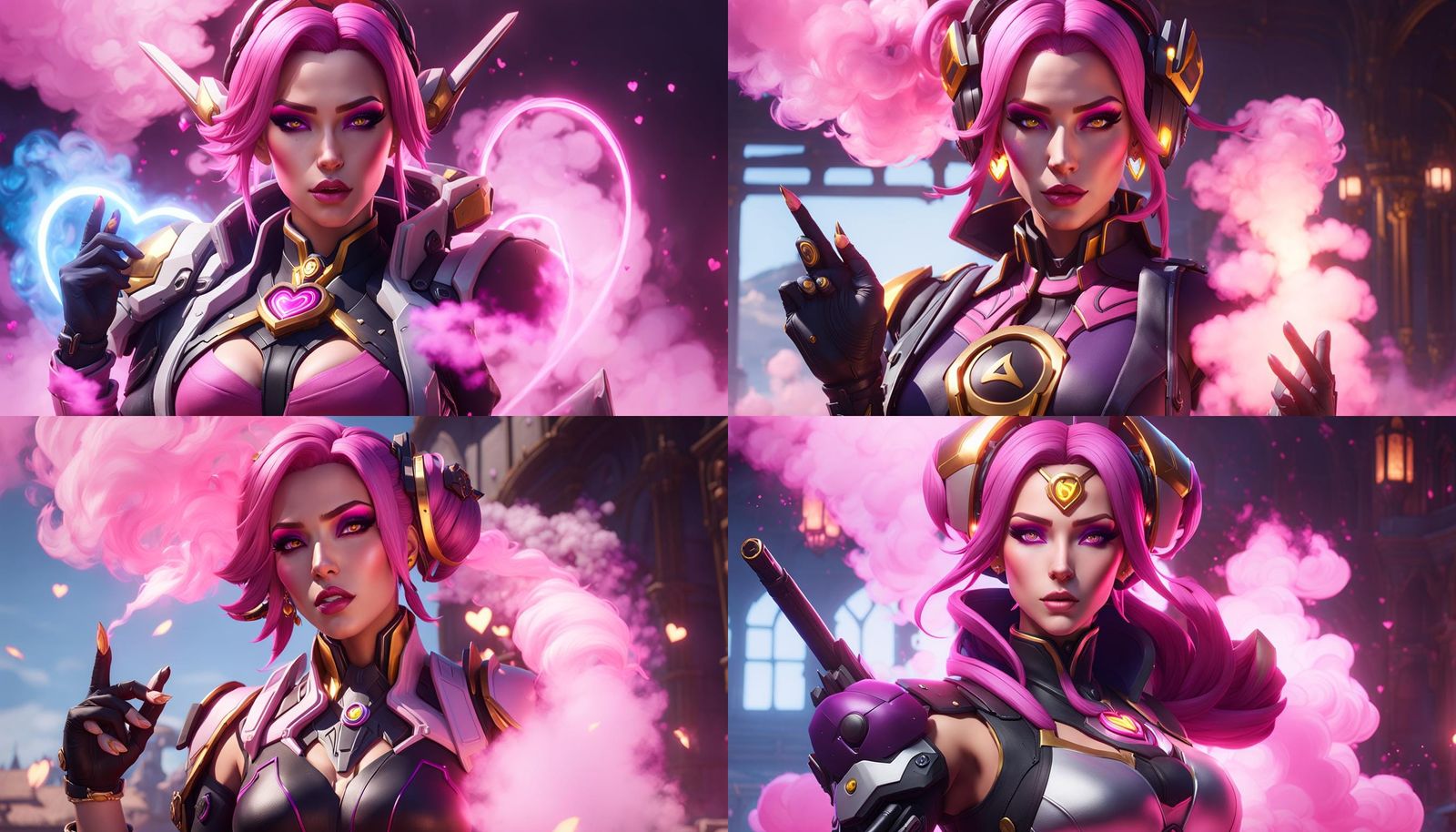 Pink hair Mercy from overwatch blowing a kiss with pink smok...