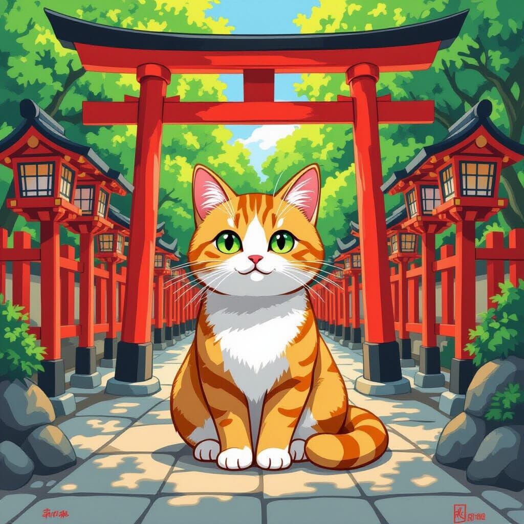 Whimsical Ginger Cat in Shinto Shrine, Murakami Style