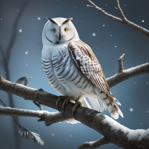 White Owl on Branch: Wildlife Photography