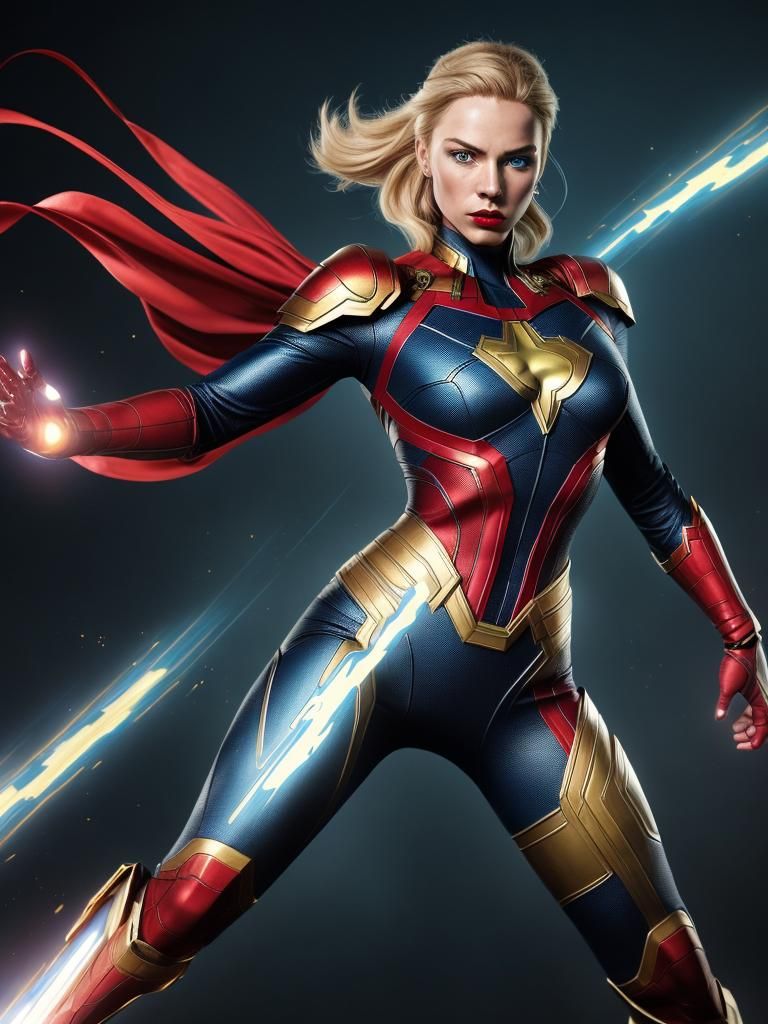 a medium-angle shot of a female superhero, dressed in a blue and red costume, adorned with gold accents. Her long blonde hair cascades over...