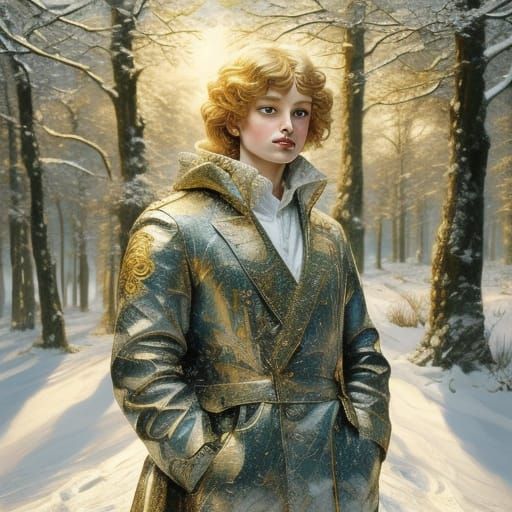 Cherub in Snow-Dusted Forest at Golden Hour