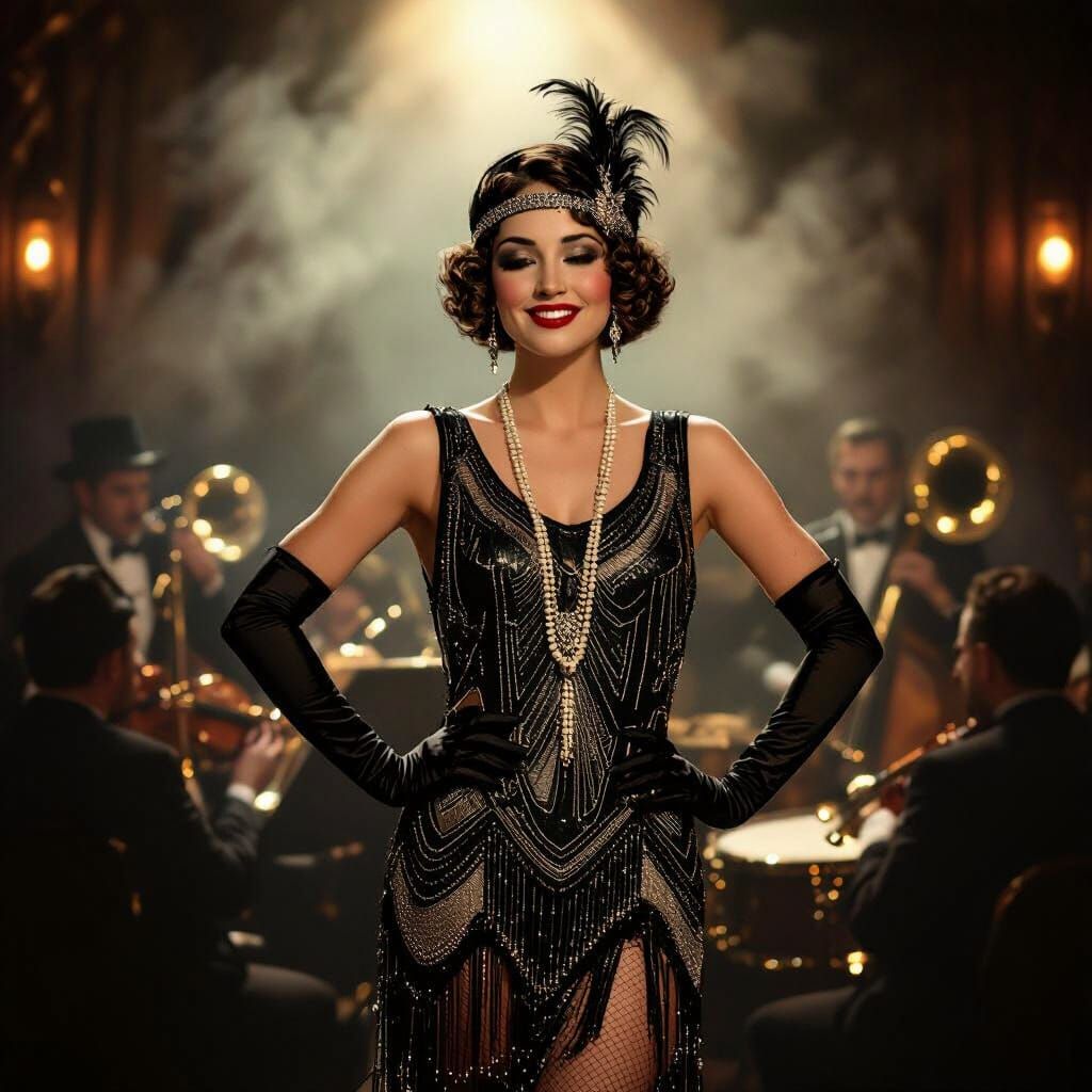A vintage 1920s jazz club, dimly lit with smoky, atmospheric lighting. A showgirl with elaborate flapper ...  by @SeptemberPentacle