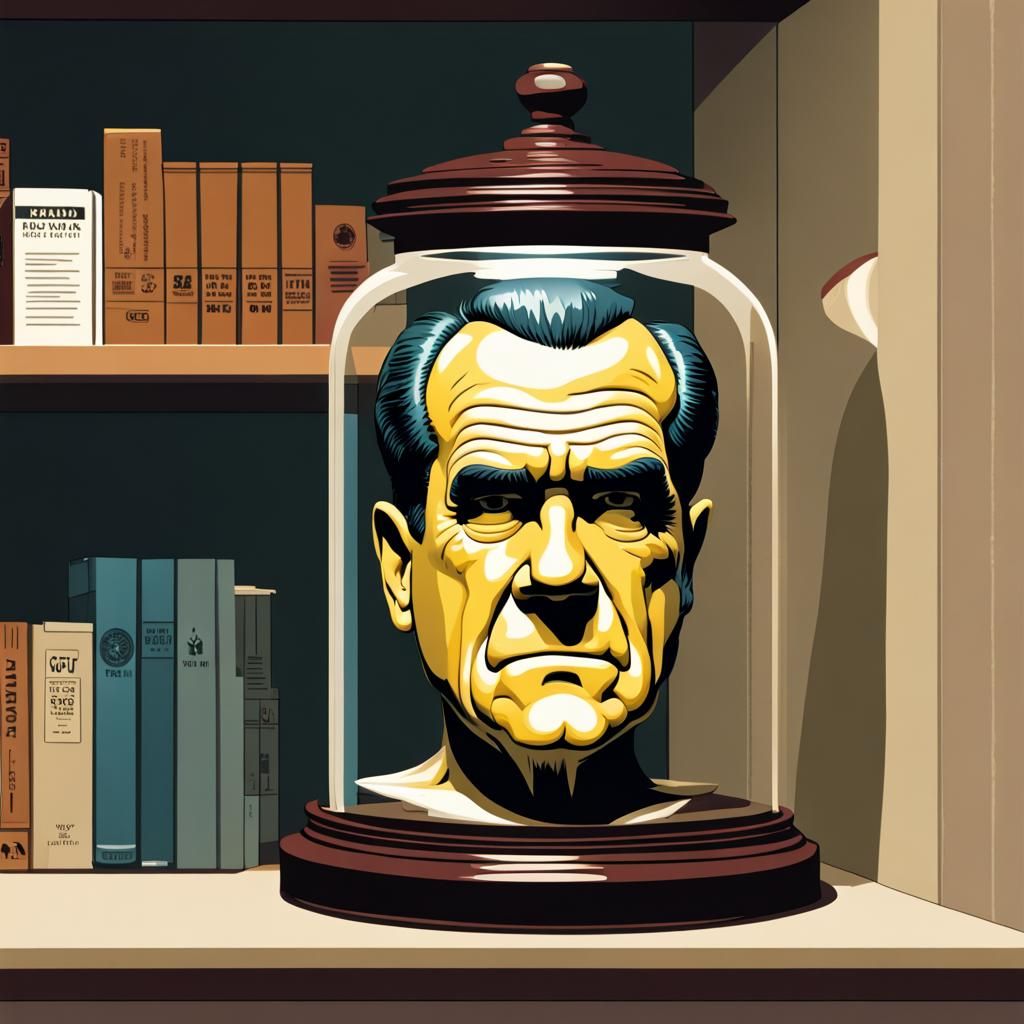 Richard Nixon's head in a jar on a shelf in a museum Futuram...