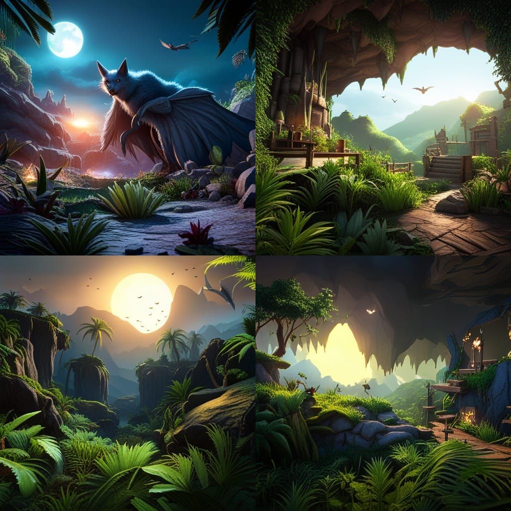 bats flying out of a cave in a jungle in twilight skies 3D G...