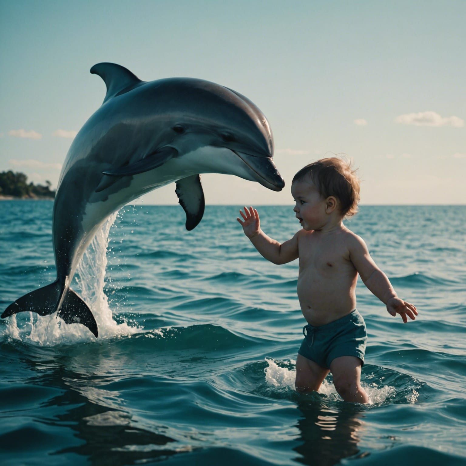 Baby playing with a dolphin