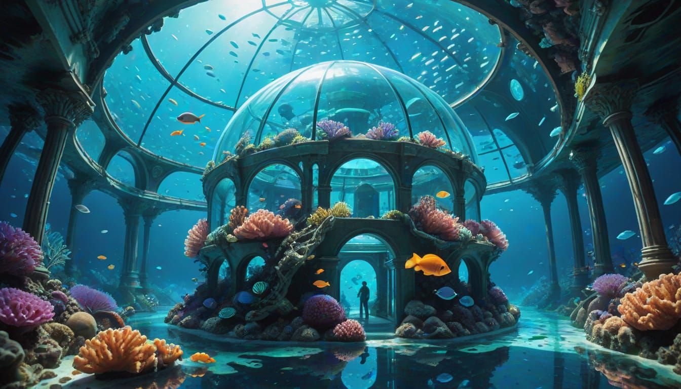A human civilization living in a high-tech dome underwater in an aquatic world nestled in a reef  by @Slappy