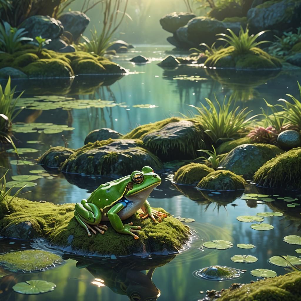 a perfect composition of a little frog color green in the wa...