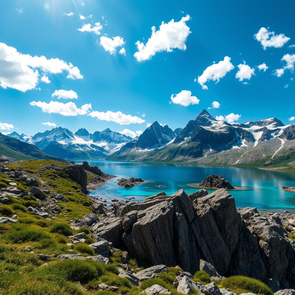 High-resolution landscape photograph showcasing a stunning alpine scene. The image features a crystal-clear blue lake surrounded by rugged, ...