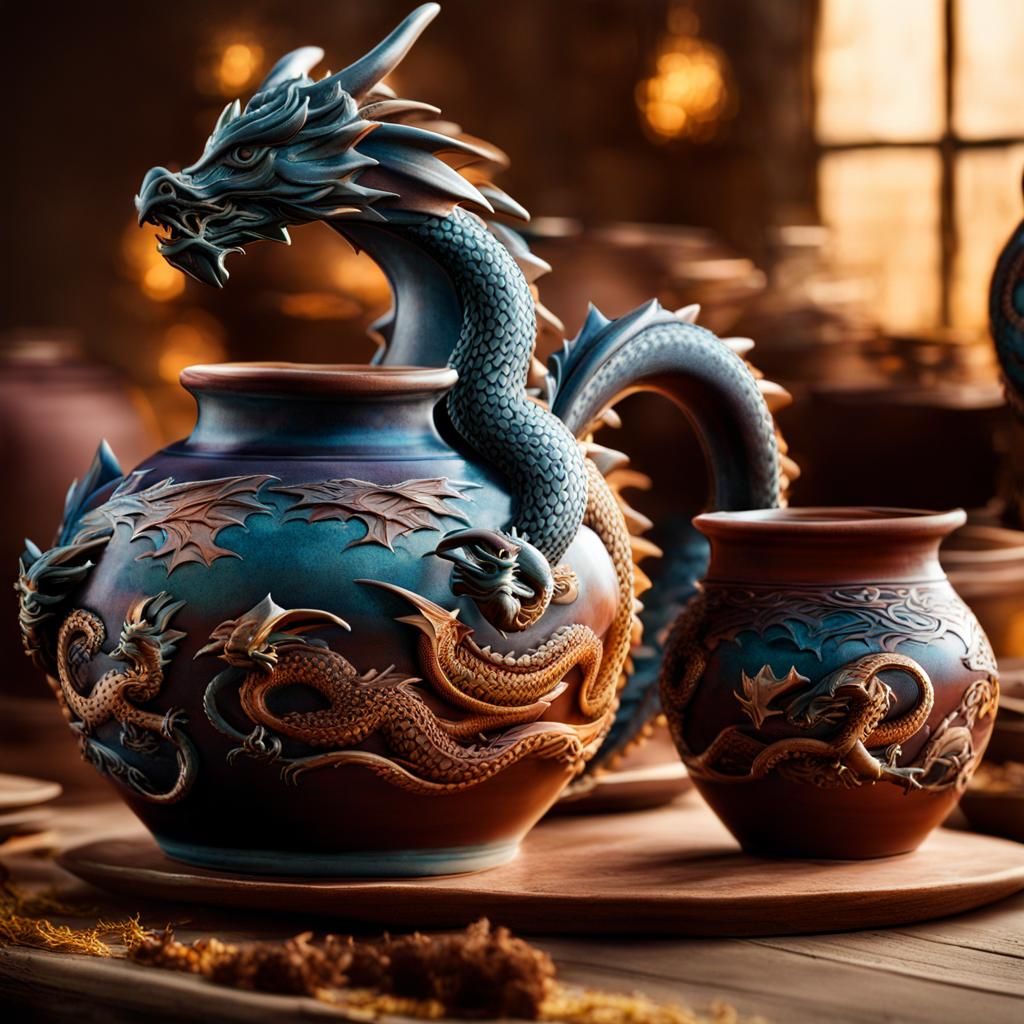 Dragon clay pottery set with dragon theme decorations  by @Mr M
