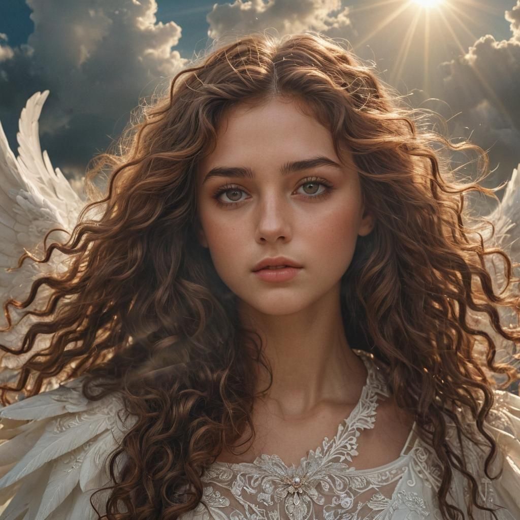 beautiful angel transparent,  sun, clouds, beautiful face, beautiful eyes, long lashes, long brown  curly hair, 