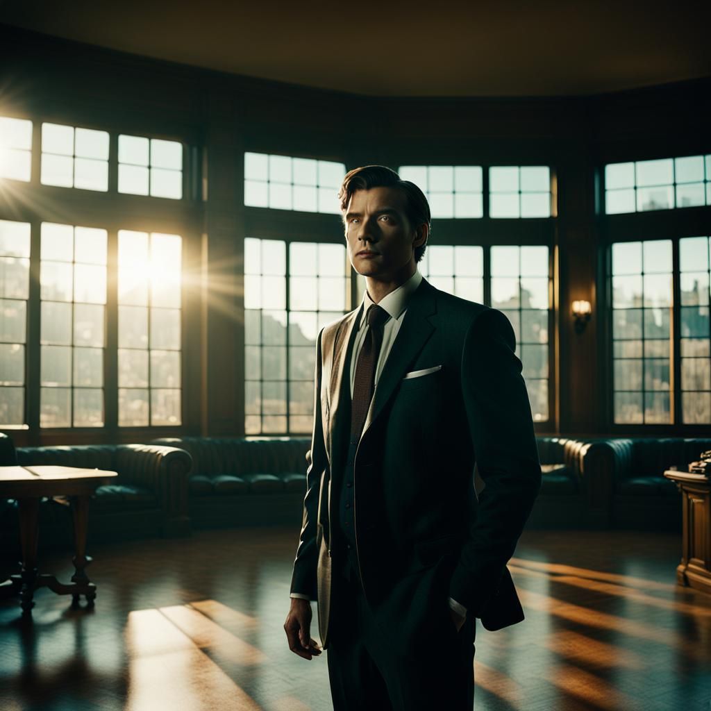 A man wearing a suit inside a common room with lots of windo...