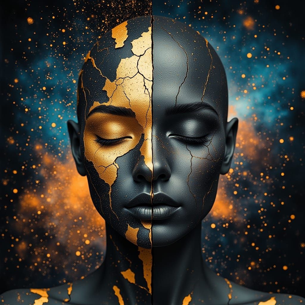 <lora:divineOil:1.0> Create this image:: A stunning 3:4 portrait of a face split vertically, with one half featuring a closed eye and gold f...