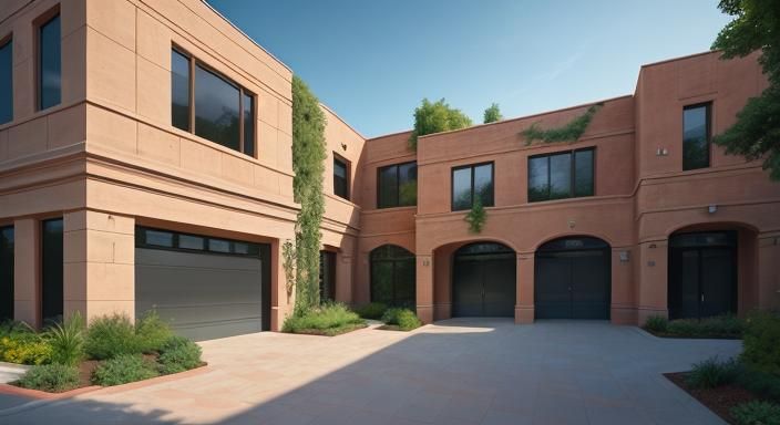 A L-shaped, office building made with a cement concrete fini...