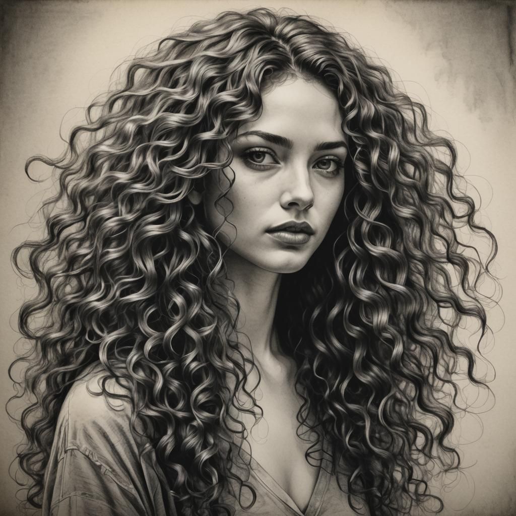 Woman with Long Curly Hair Portrait Sketch  by @Lynbrook Mutt - Mike