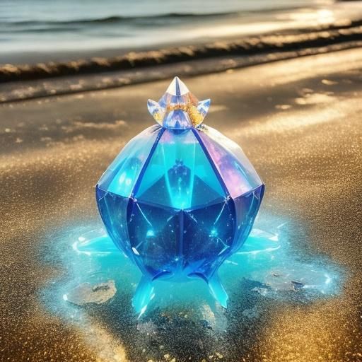 crystalline structures on the purple sands, and alien aquatic critters roaming the beach. Vibrant, hyperrealistic digital painting with intr...