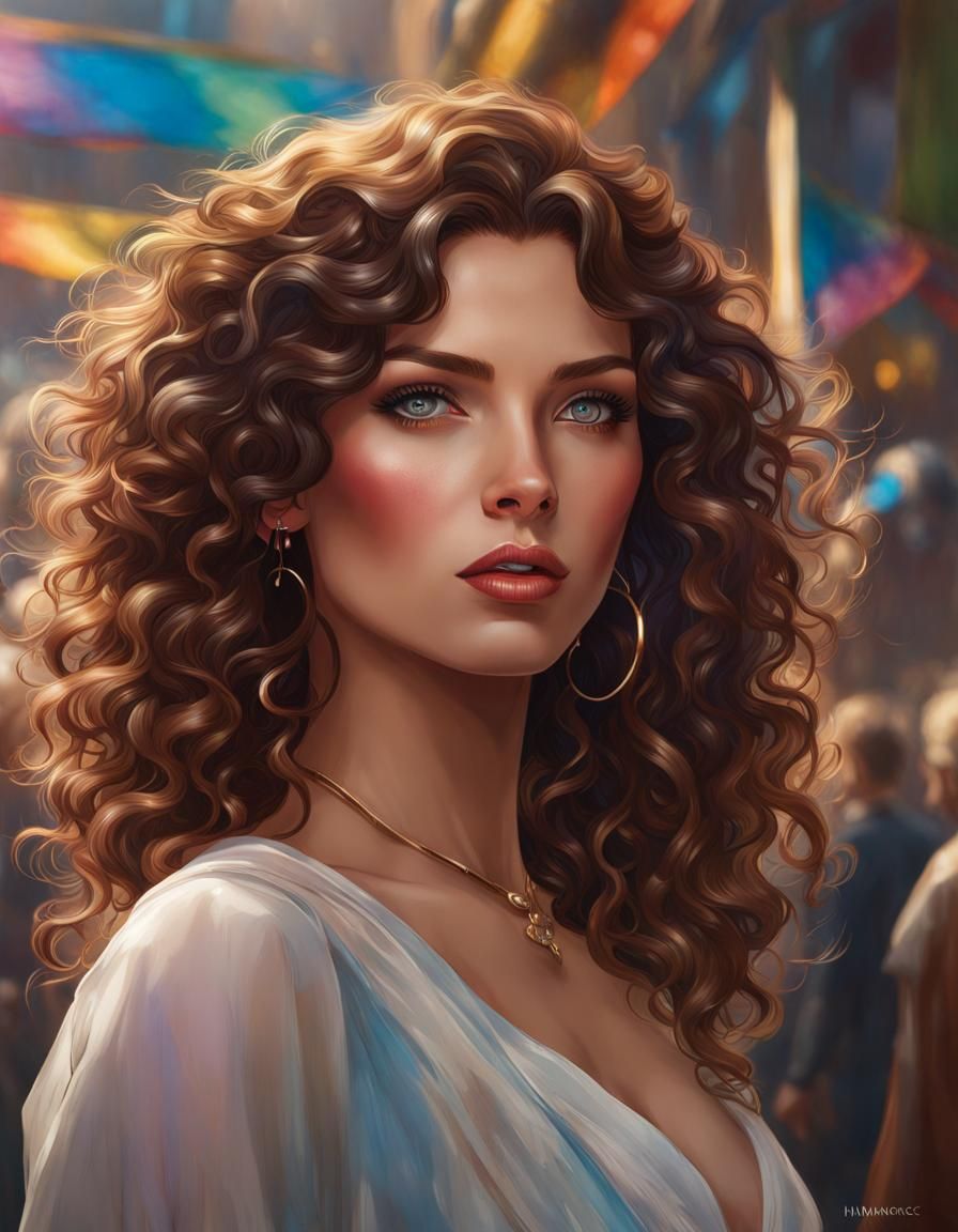 PORTRAIT - Woman with brunette curly hair & piercing gaze - AI Generated  Artwork - NightCafe Creator