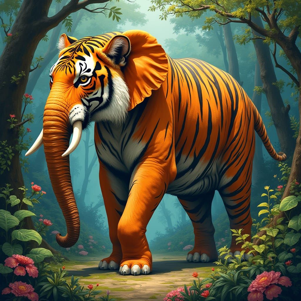 Majestic Tiger-Elephant Hybrid in Lush Jungle