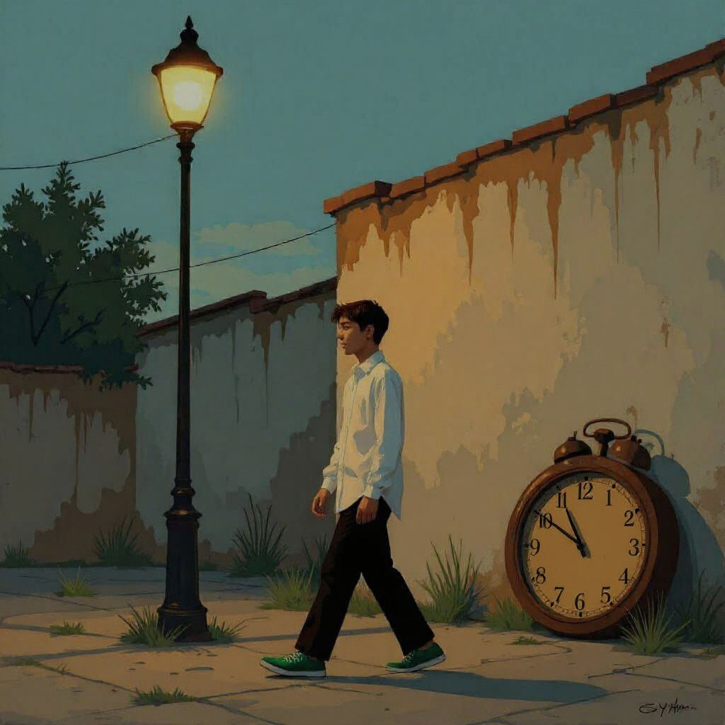 at dusk, in a partly walled and worn yard, there are a languid teen boy, a tall and weakly shining streetlamp and a big brown and worn clock...