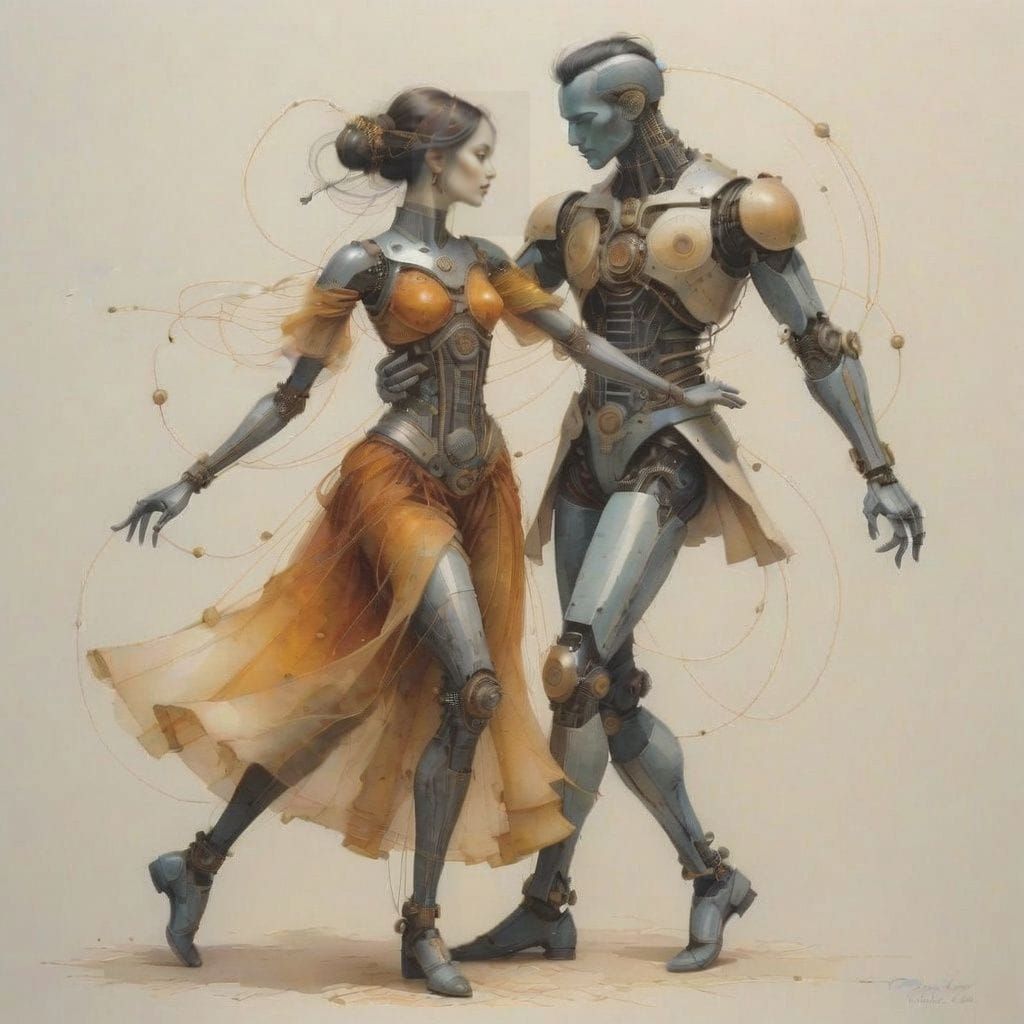 Portrait Full-Body Height Cyborg DANCING COUPLE, Vintage, Amber String Art, Watercolor and Pen, HYPERREALISTIC, ...  by @Kedrian
