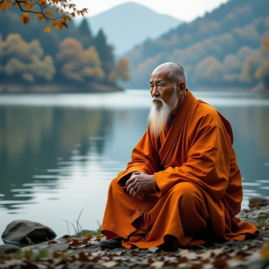 Elderly Monk Gazes Out by Autumn Lake in Photorealistic Styl...