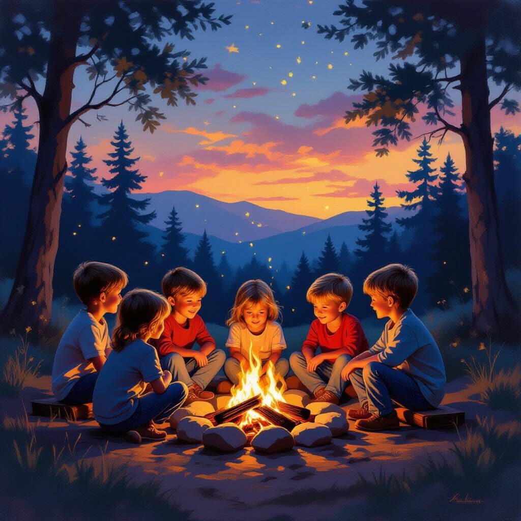 Children Around Campfire at Dusk, Painterly Style