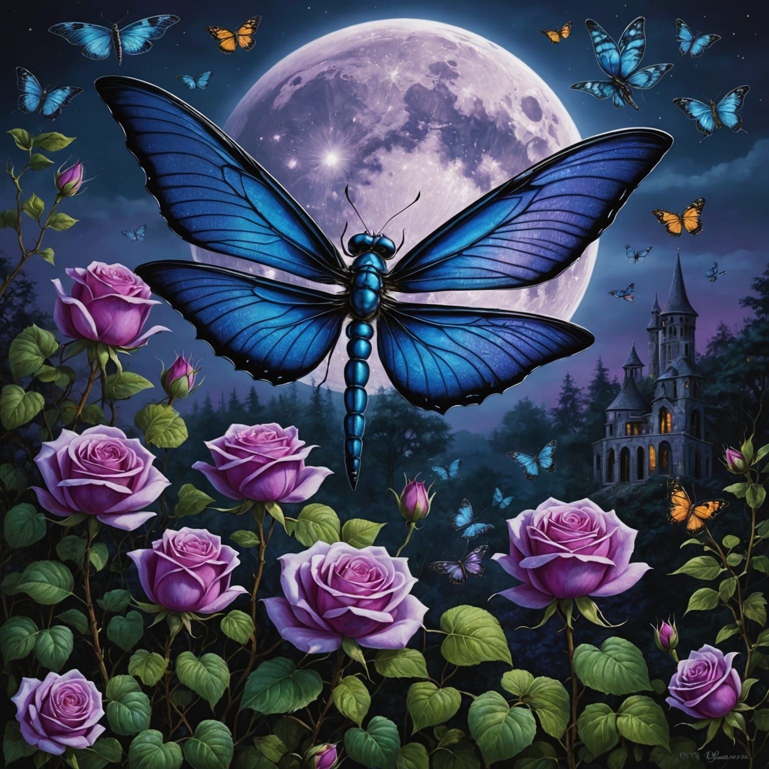 purple roses and butterflies with a full moon in the backgro...