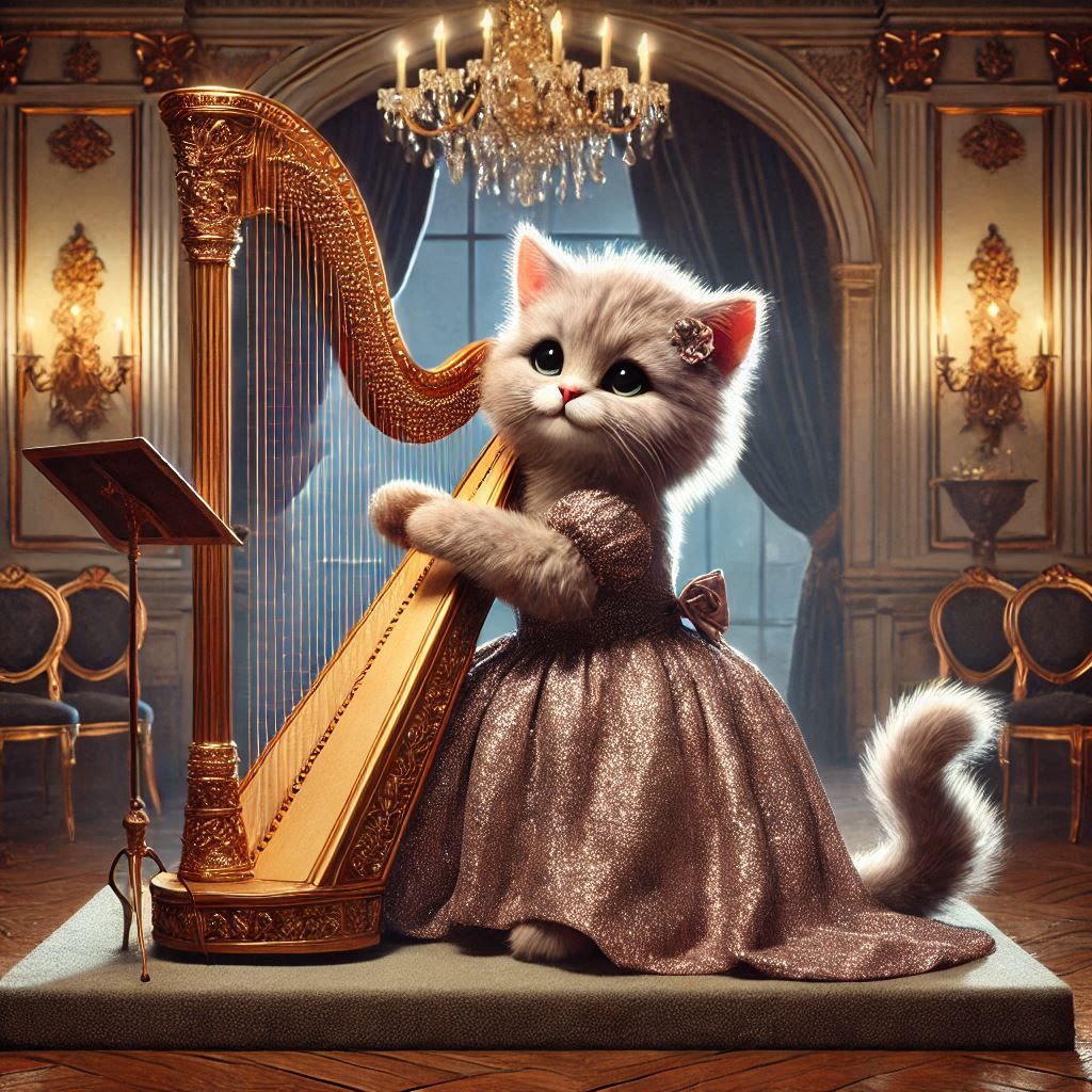 cute cat playing the harp.