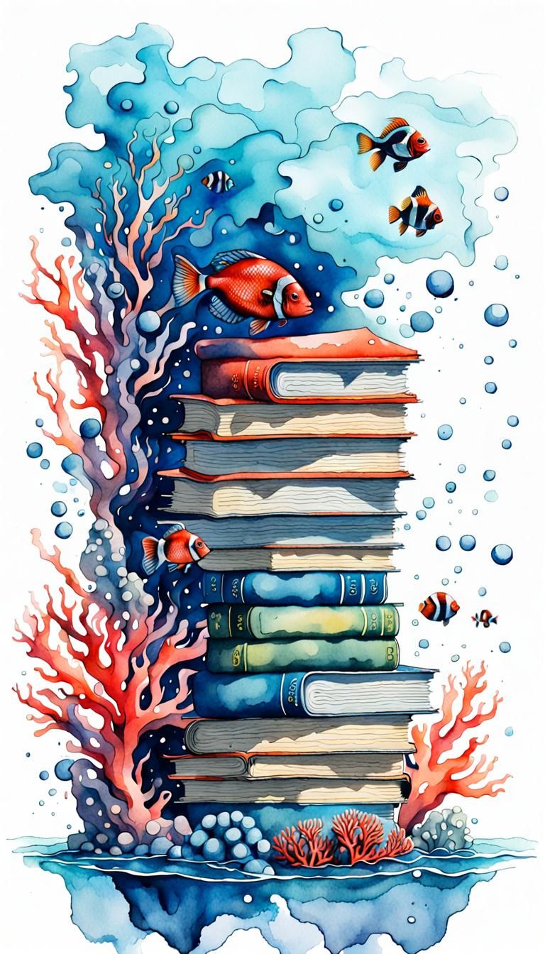 Sci-fi surrealism, abstract watercolor ink dropped in water illustration, underwater robotic library ...  by @Matthew Convento