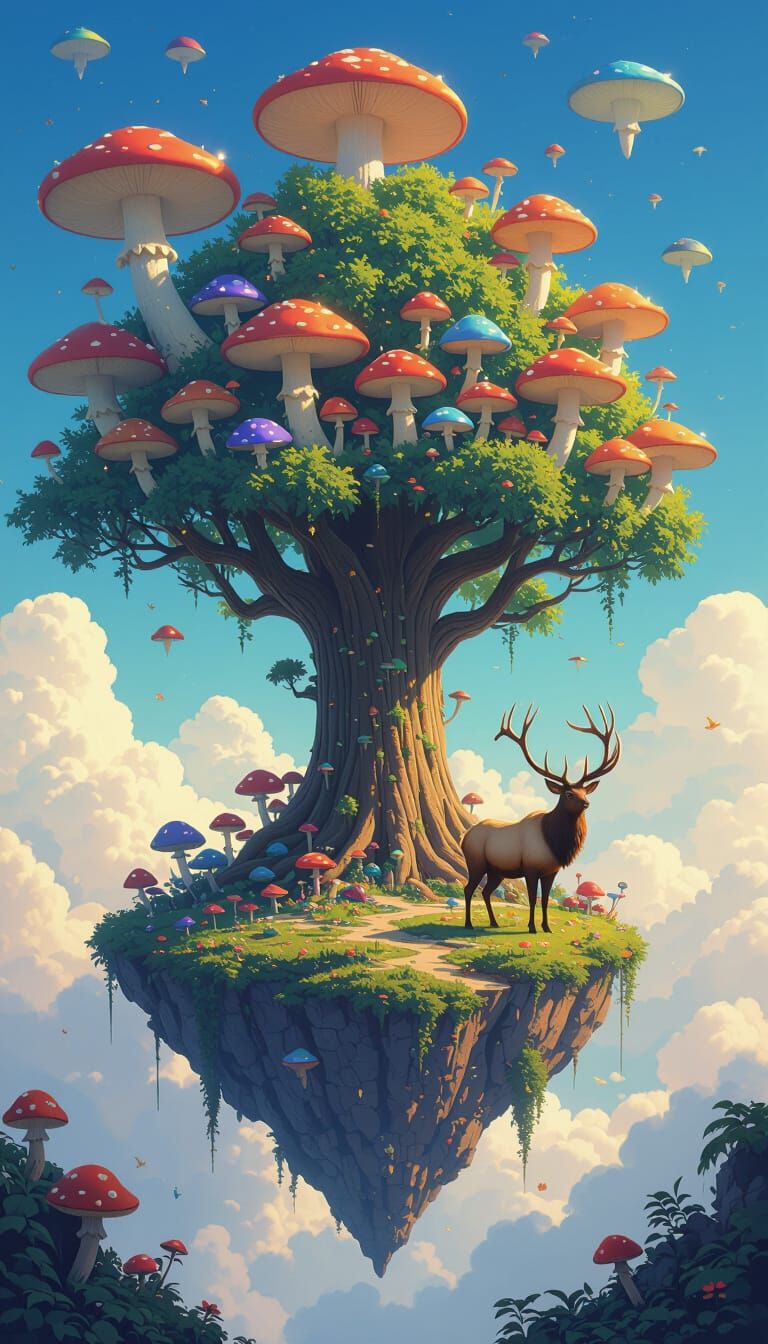 Fantastical Floating Island with Towering Tree and Elk
