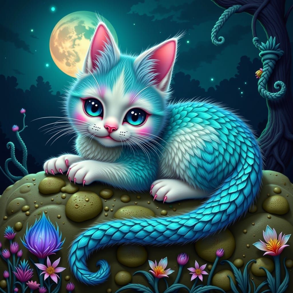 Whiskered feline with turquoise, iridescent scales, lounging on a mossy ocean rock, surrounded by soft seaweed, under a full moon's gentle g...