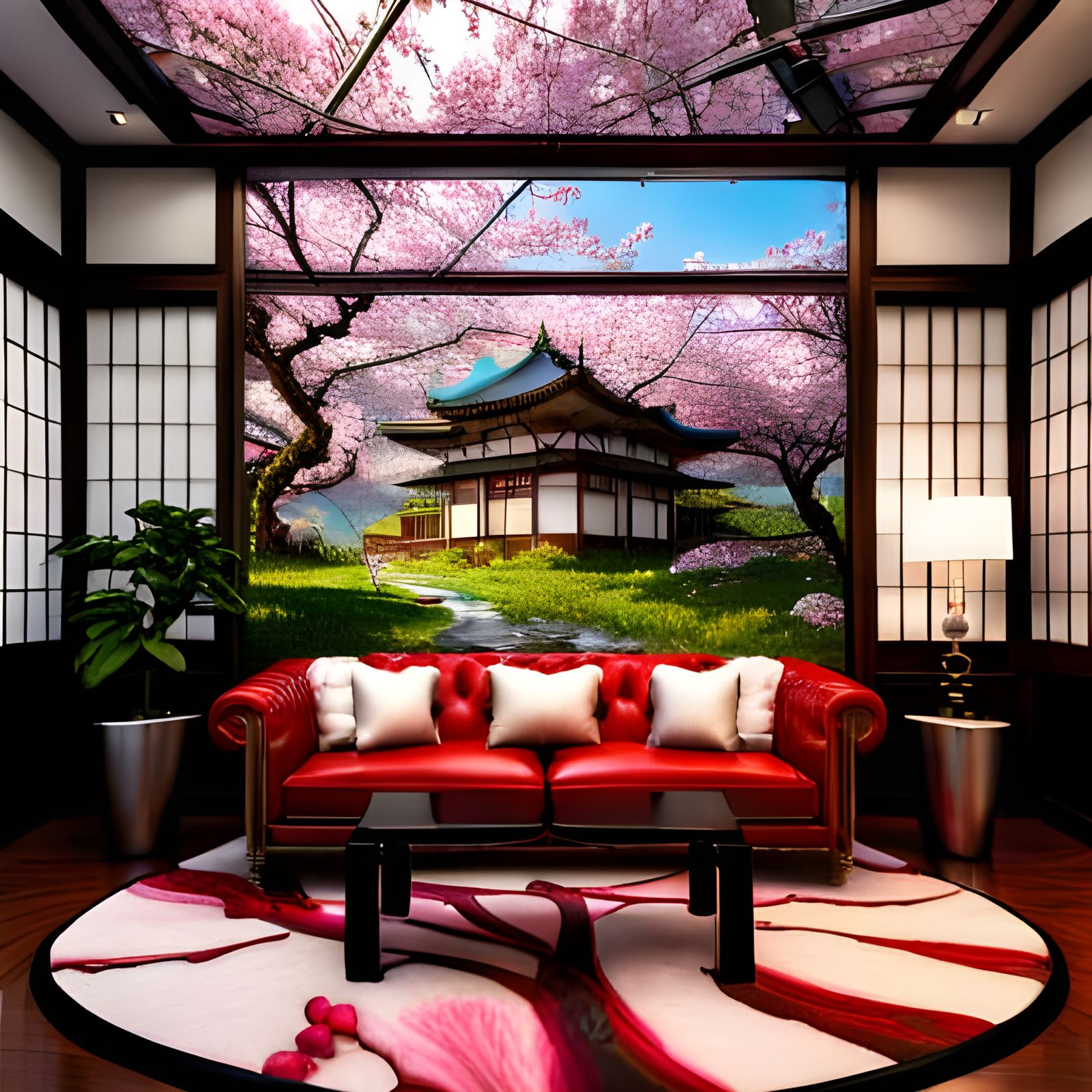 WIld Cherry Blossoms growing inside Japanese style livingroom. Onyx ...