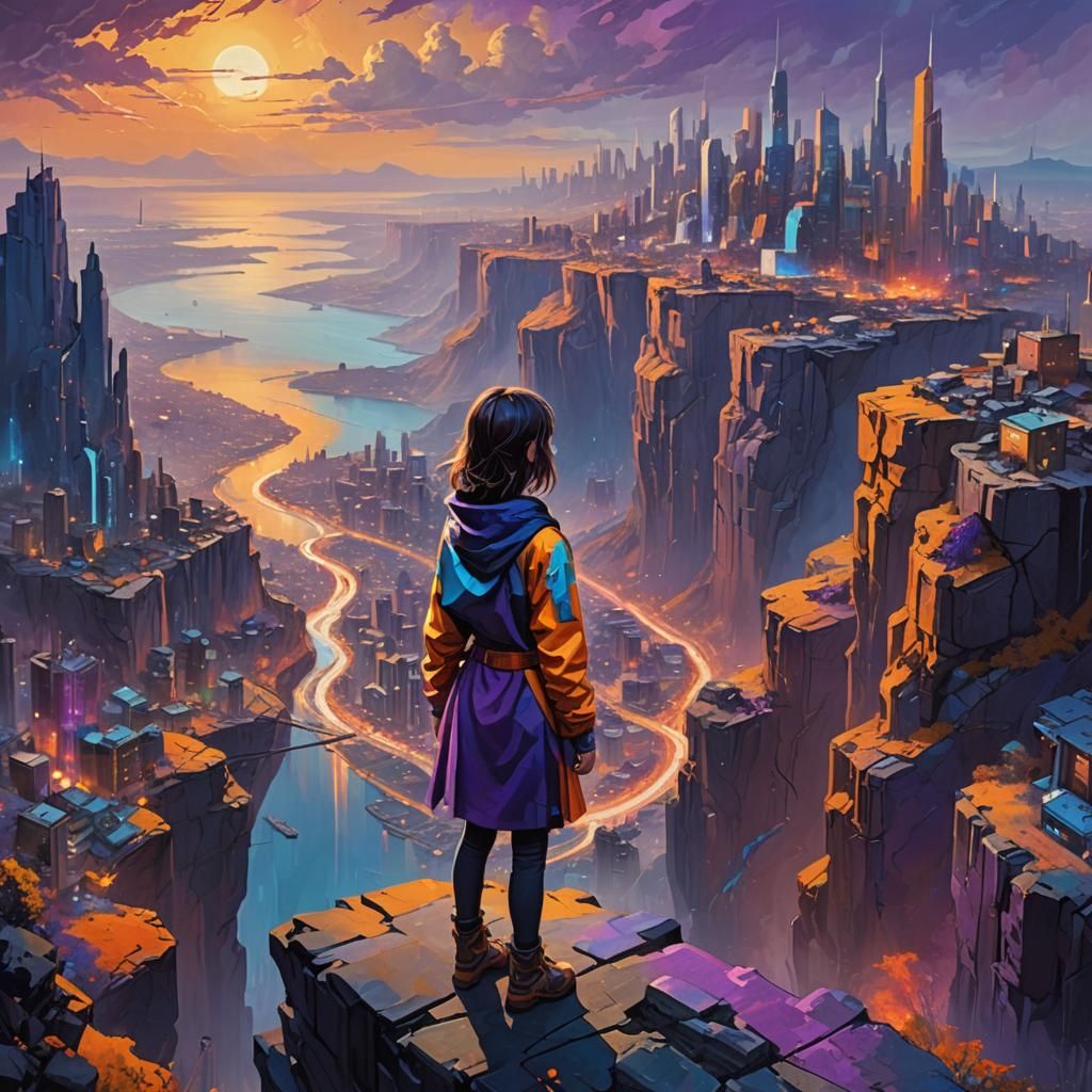 Girl Gazing at Futuristic City: Triadic Color Oil Painting