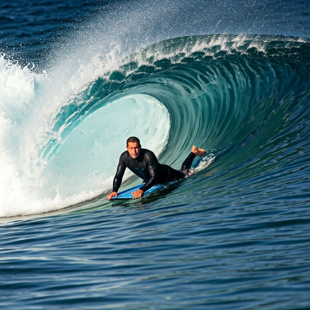 3/4 Front view of a rocky bodyboard session. Man crawling on his bodyboard and looking back to a big crushing wave behind him. Dark blue wat...