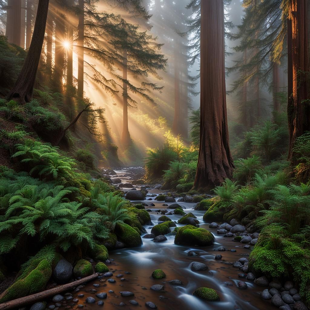 high resolution photograph of misty Big Sur redwood forest at dawn, with rocky creek, magic hour light, ...  by @Brian