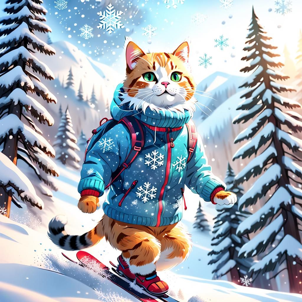 Furry Skier in Winter Wonderland, Hyper-Realistic Photograph...