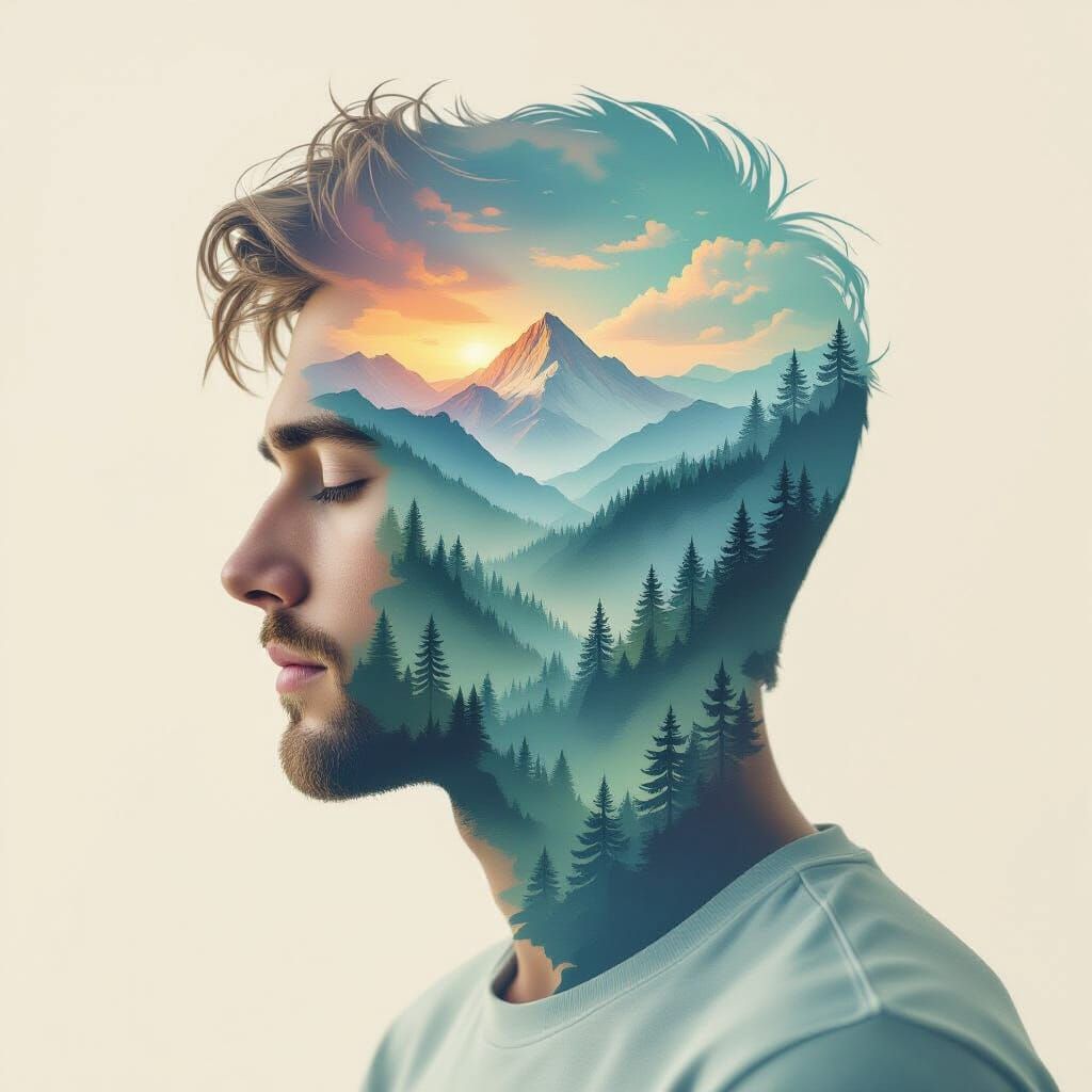 Dreamlike Silhouette: Man and Mountain Landscape