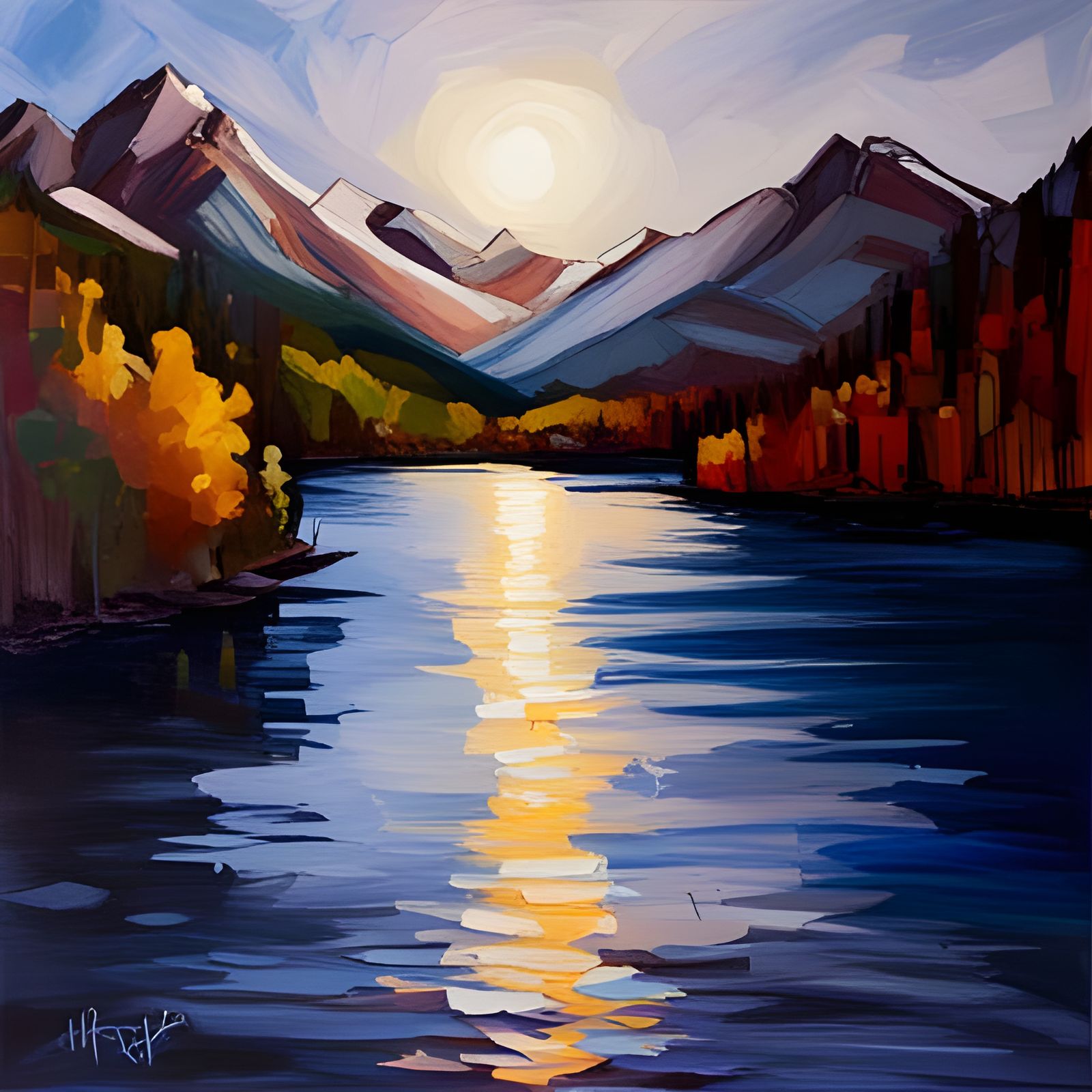 Canadian Rockies, dusk, sliver moon, stars, lake reflection ...