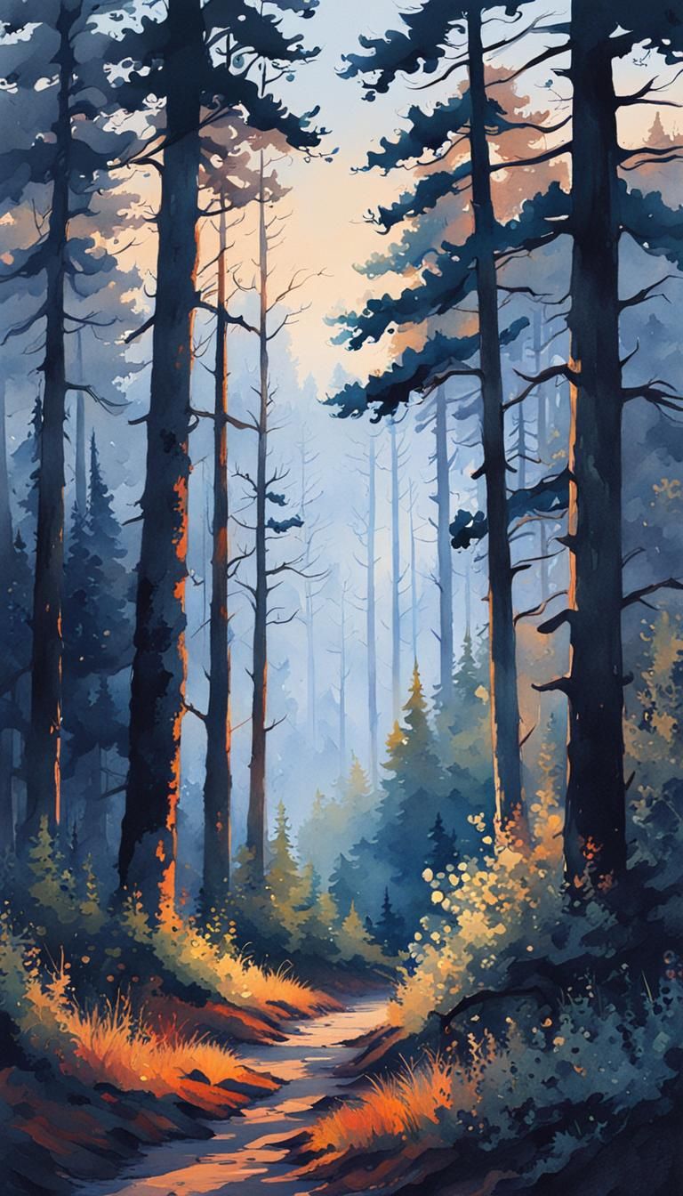 Sunlit Forest Trail Watercolor Painting